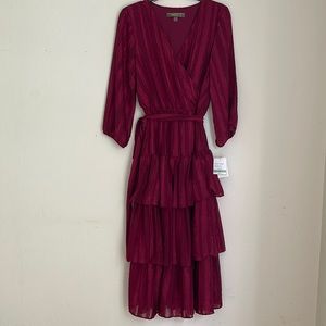 Burgundy mid Calf Ruffled Dtess